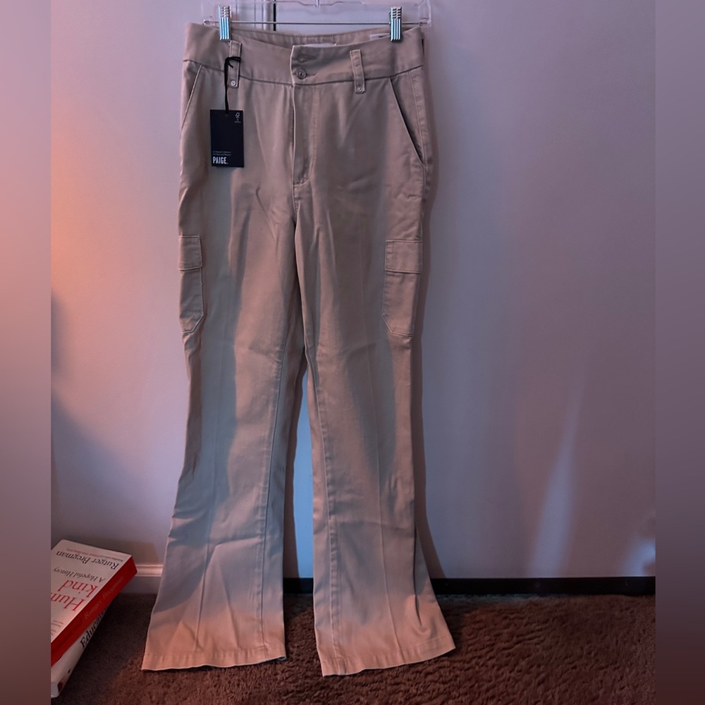 PAIGE Beige High-Rise Cargo Flare Pants